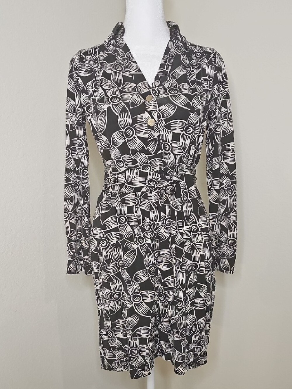 Diane Von Furstenberg Golda Black White Belted Floral Pockets Dress Sz S
